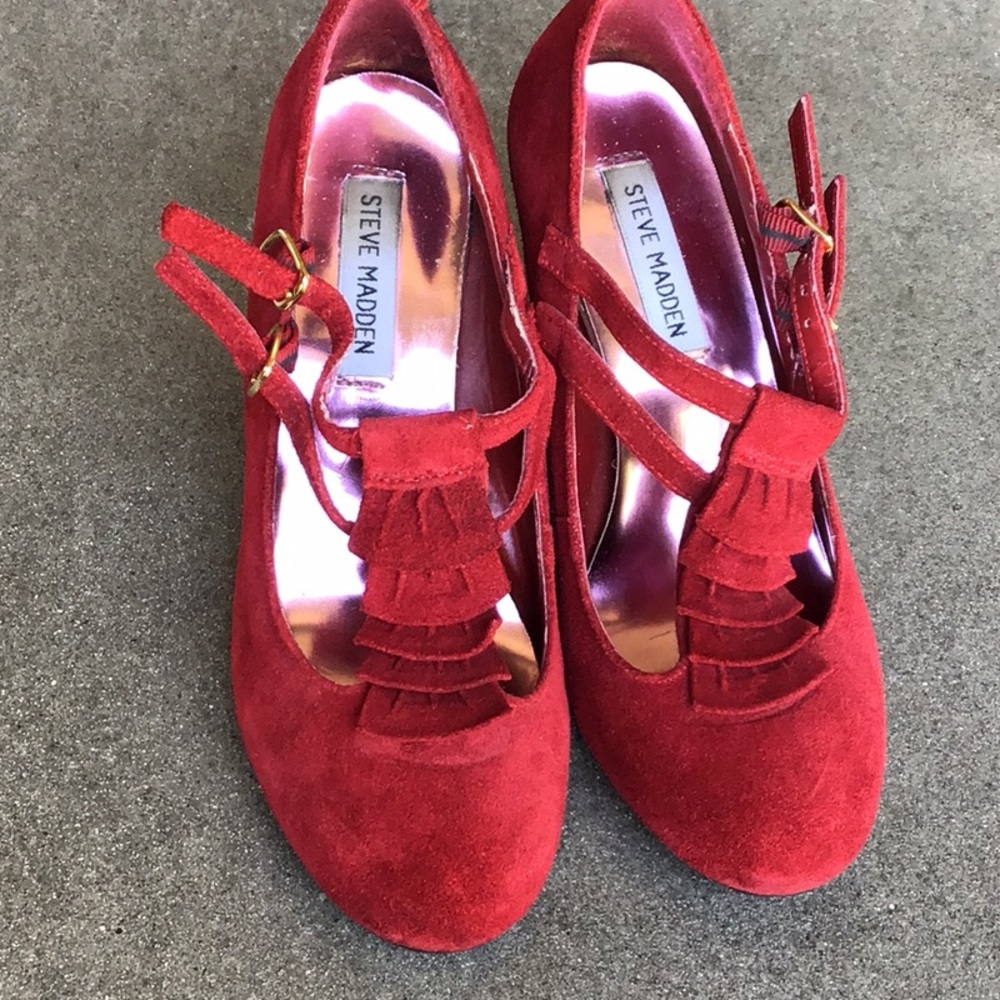 Red Suede Ruffled T Strap Heels - Picture 2 of 5